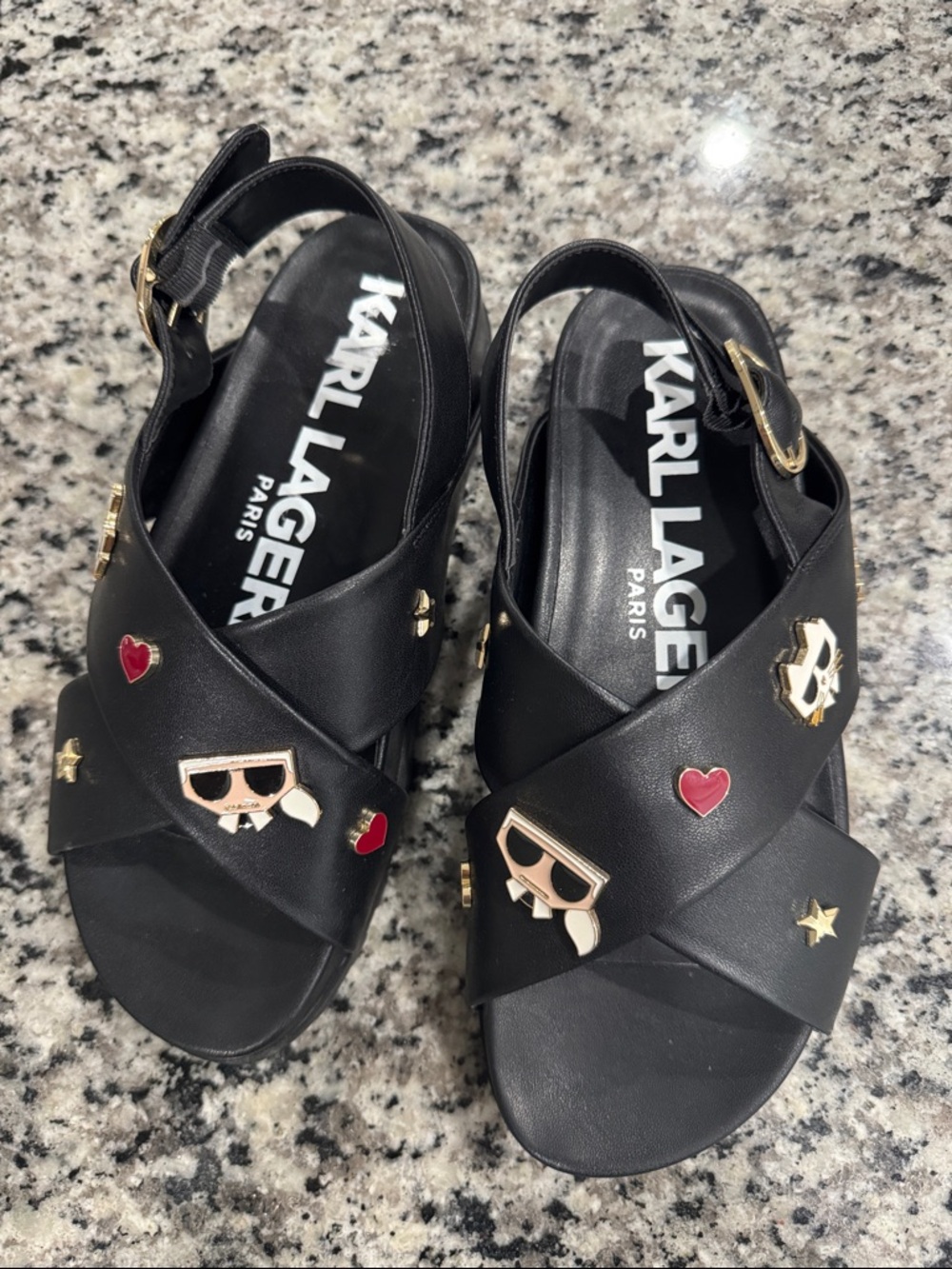 Karl Lagerfeld Black Cross-Strap Charm Sandals
